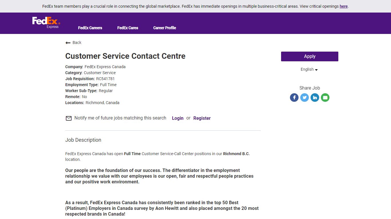 Customer Service Contact Centre in Richmond, Canada | FedEx Express Canada